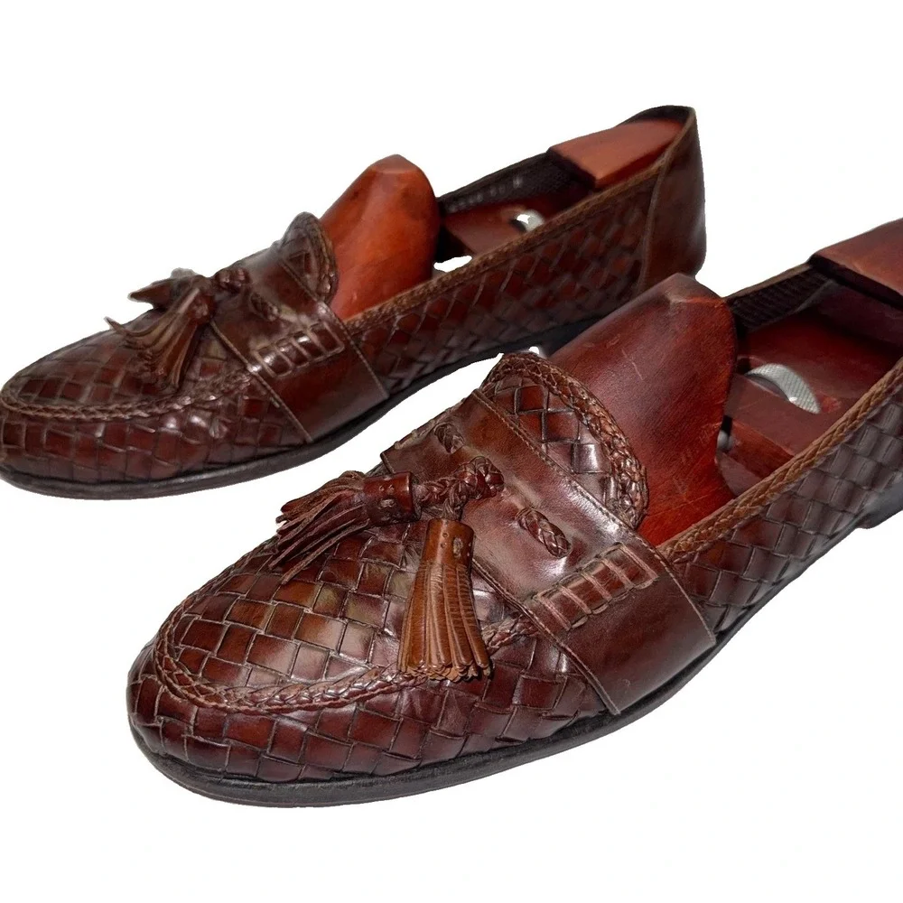 Cole Haan Bragano Loafers Mens 11 N Brown Woven Leather Tassel Made in Italy